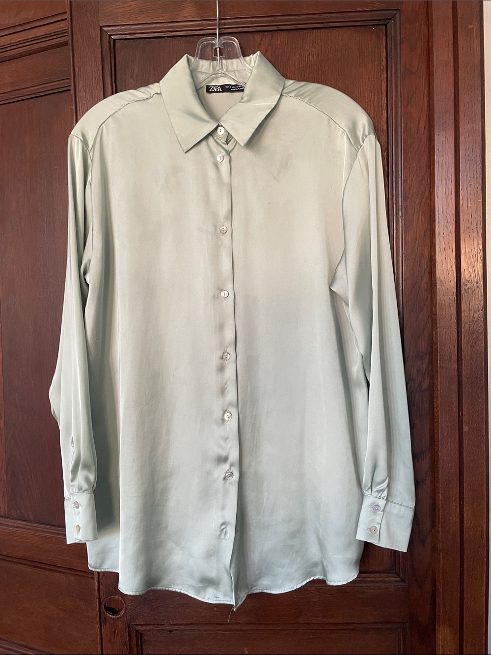 ZARA Mint Green Satin Blouse Button Down Collared Shirt Top